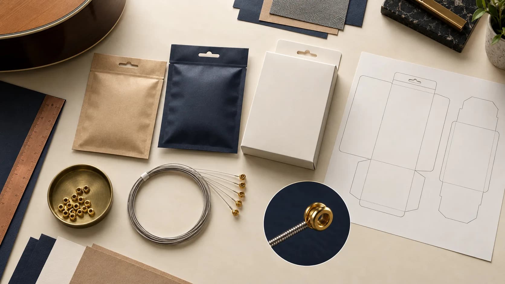 Private-label guitar string packaging concept for artwork and protection planning