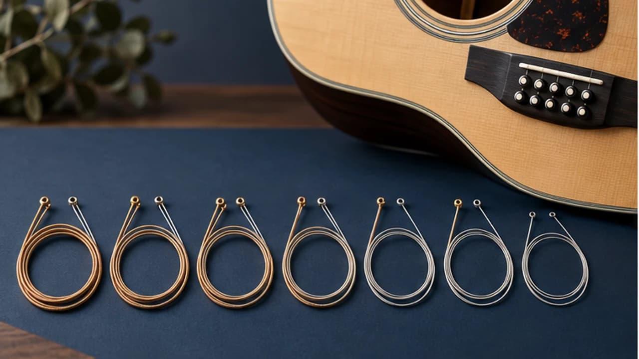 Paired acoustic guitar string samples prepared for position review