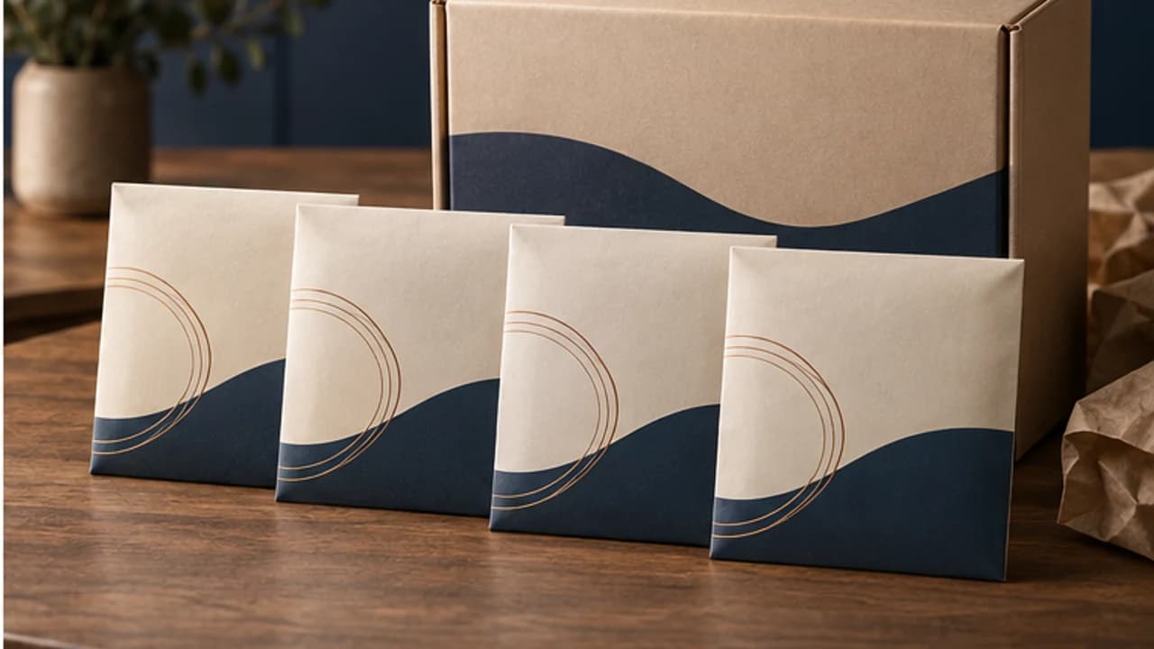 Unbranded retail envelopes and carton prepared for a 12-string packaging review