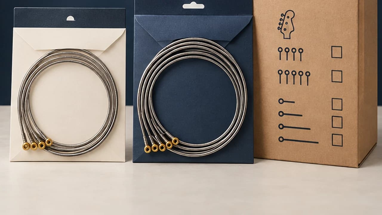 Four- and five-string bass sets prepared for packaging identity review