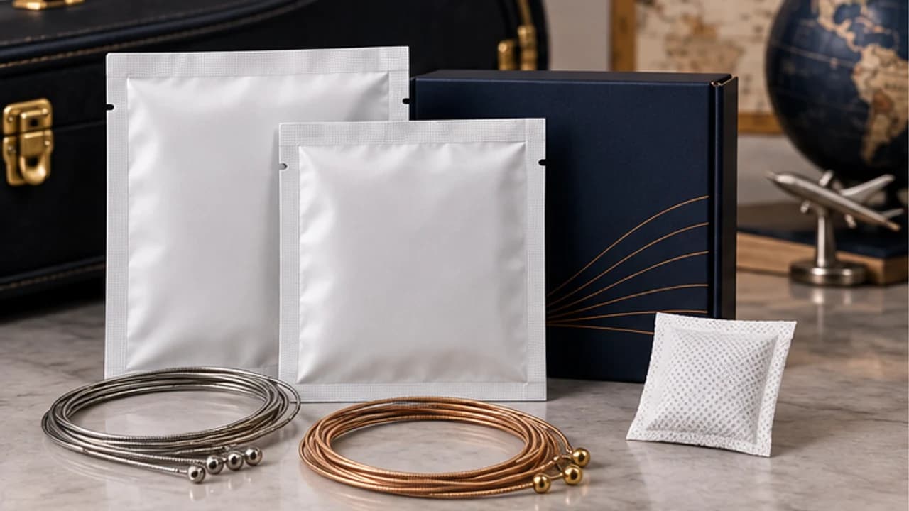 Guitar strings and sealed packaging prepared for an export-protection review