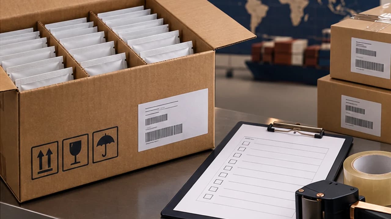 Export cartons and protected inner packs prepared for shipment inspection