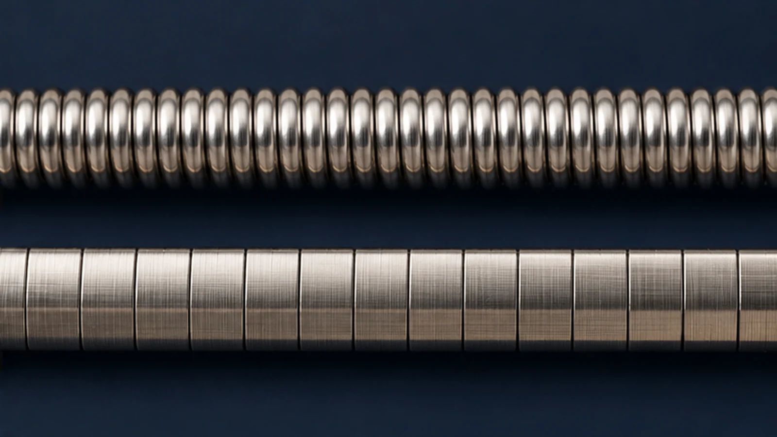 Roundwound and flatwound bass string surfaces shown in an illustrative macro comparison