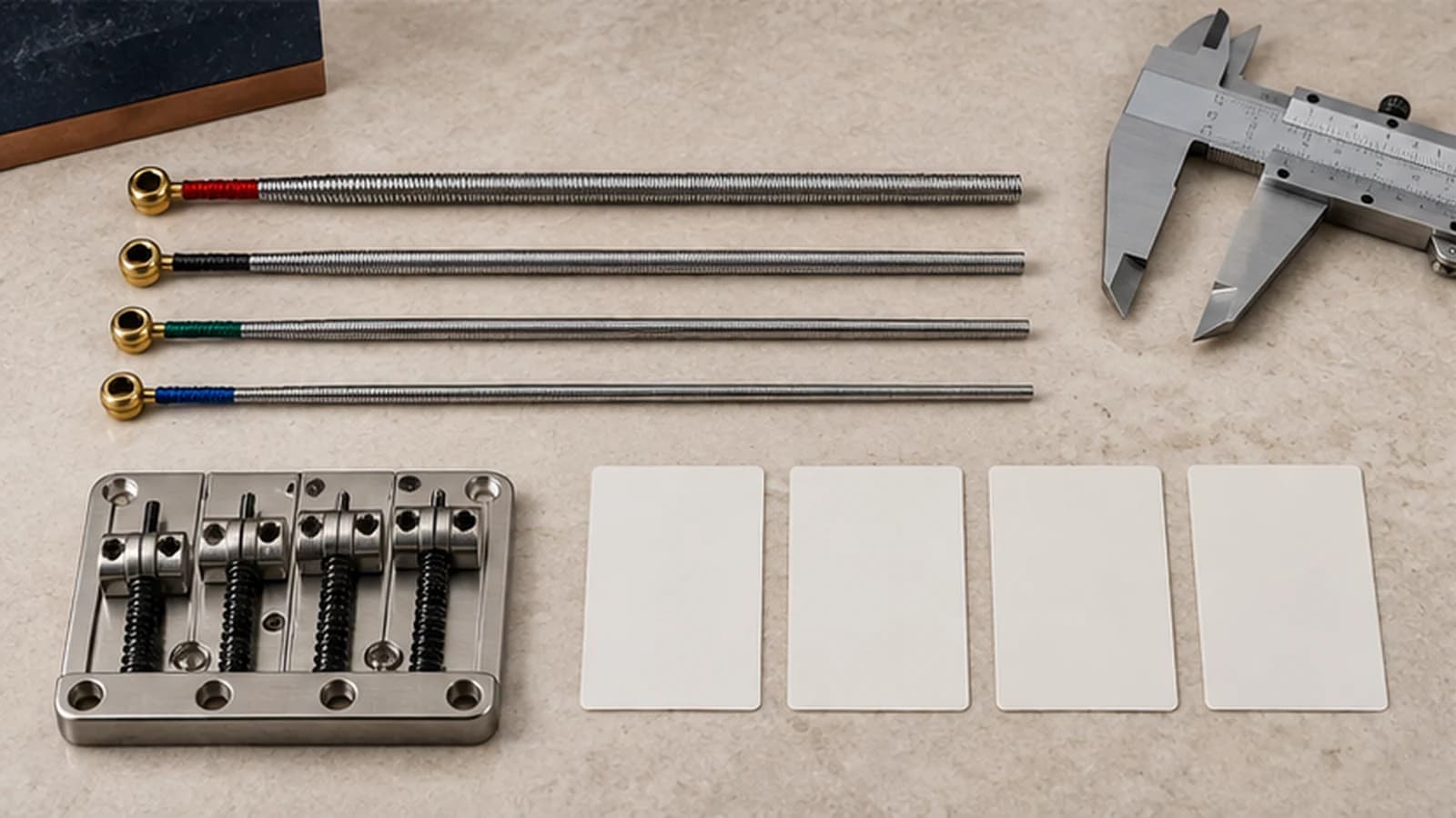 Illustrative roundwound and flatwound bass samples arranged with a bridge fixture and blank review cards