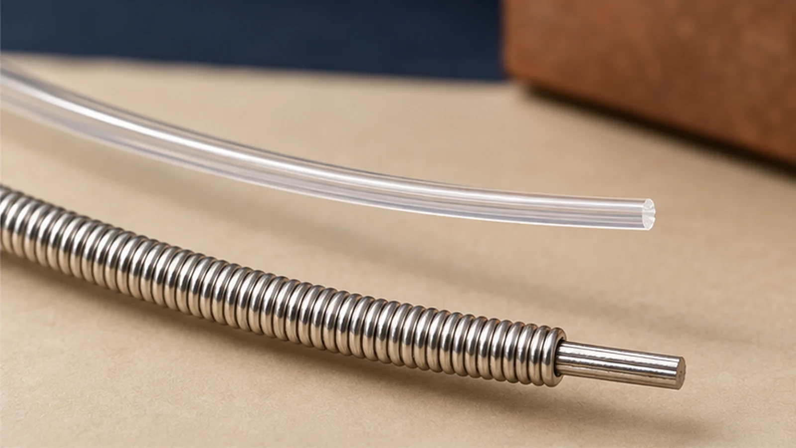 Clear nylon trebles and wound classical bass strings shown as separate illustrative tension directions