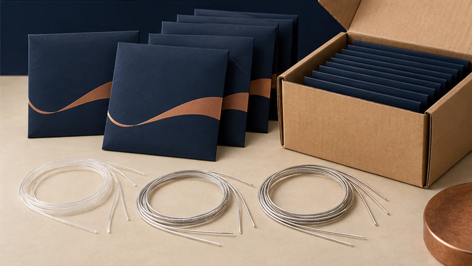 Illustrative tie-end classical guitar string packaging without ball ends