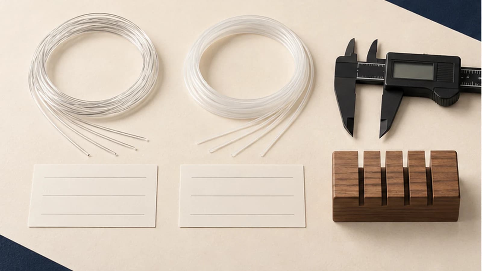 Illustrative nylon and fluorocarbon ukulele sets arranged for coded sample review