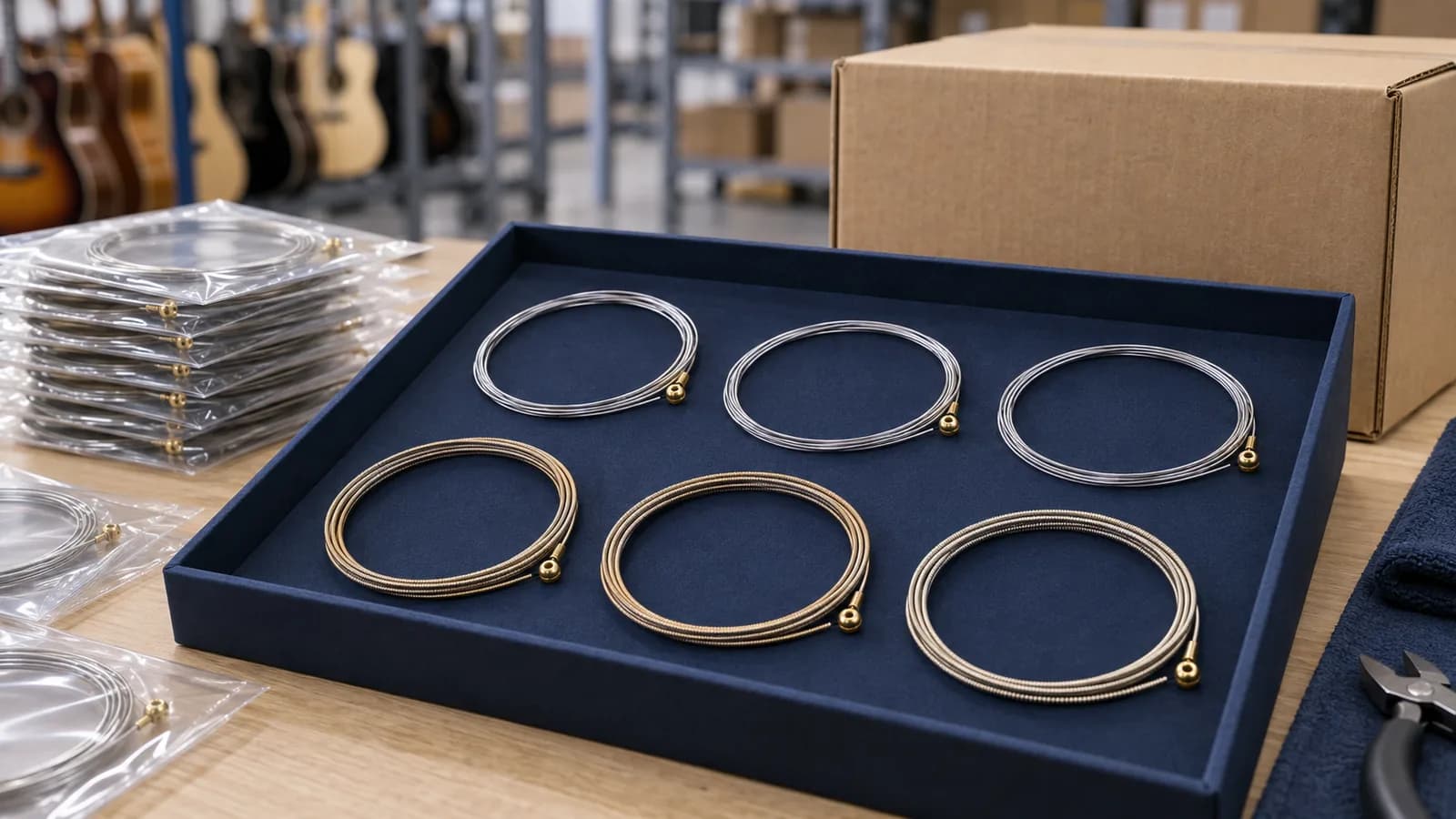 Illustrative metal guitar-string coils, bagged strings and an unmarked carton arranged for sourcing discussion.
