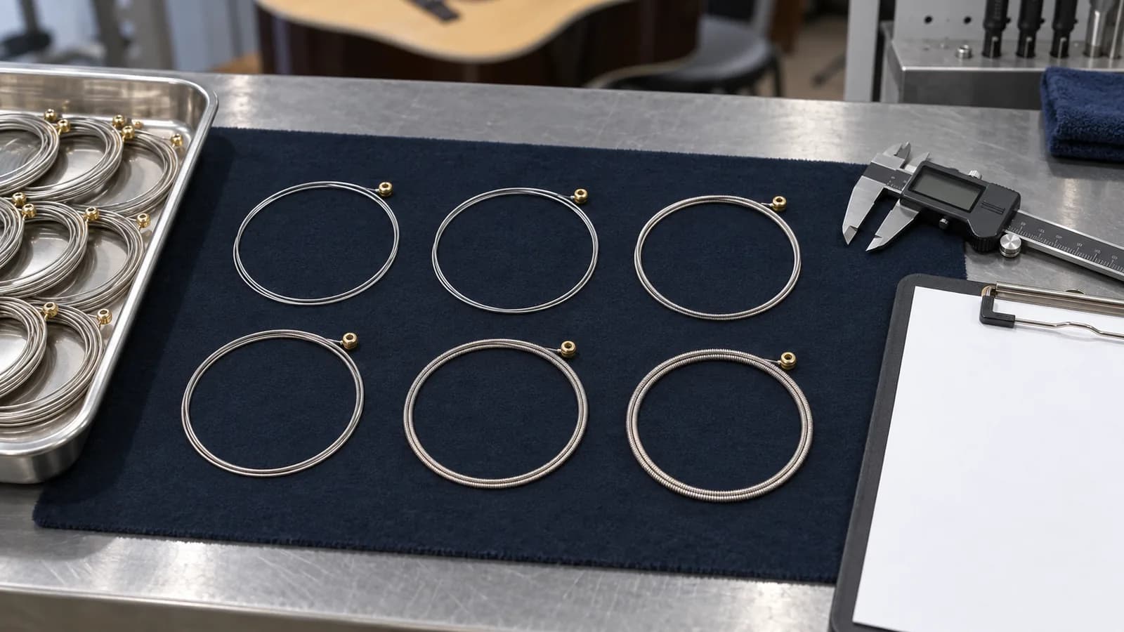 Illustrative metal-string review setup with an idle caliper and blank record