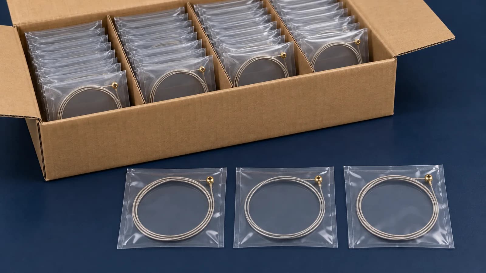 Illustrative guitar-string bags and divided cartons with no declared quantities