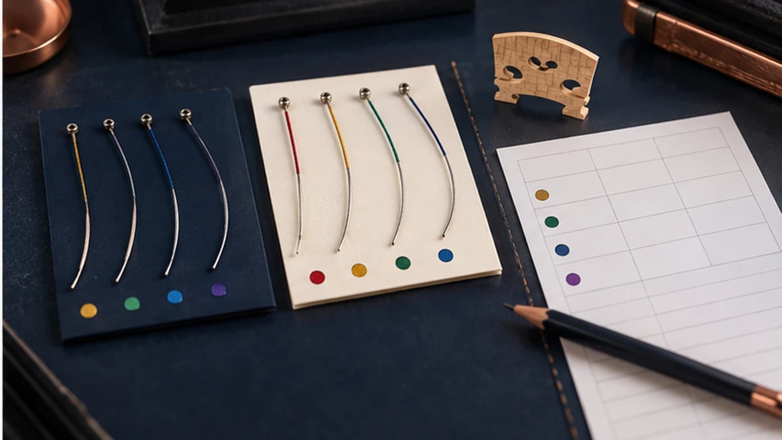 Illustrative coded sample board for violin core review