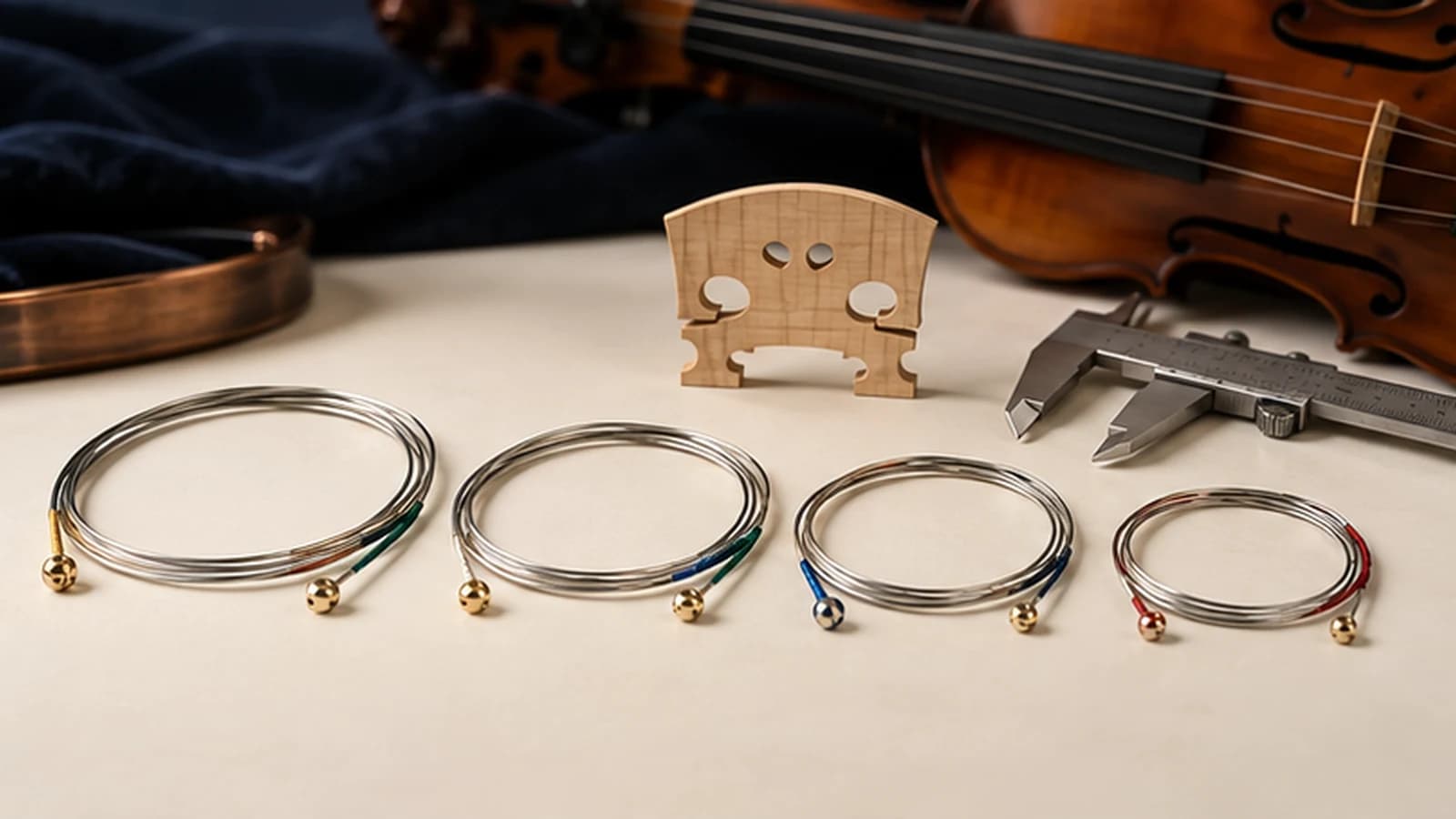 Four violin string sizes arranged with bridge and caliper