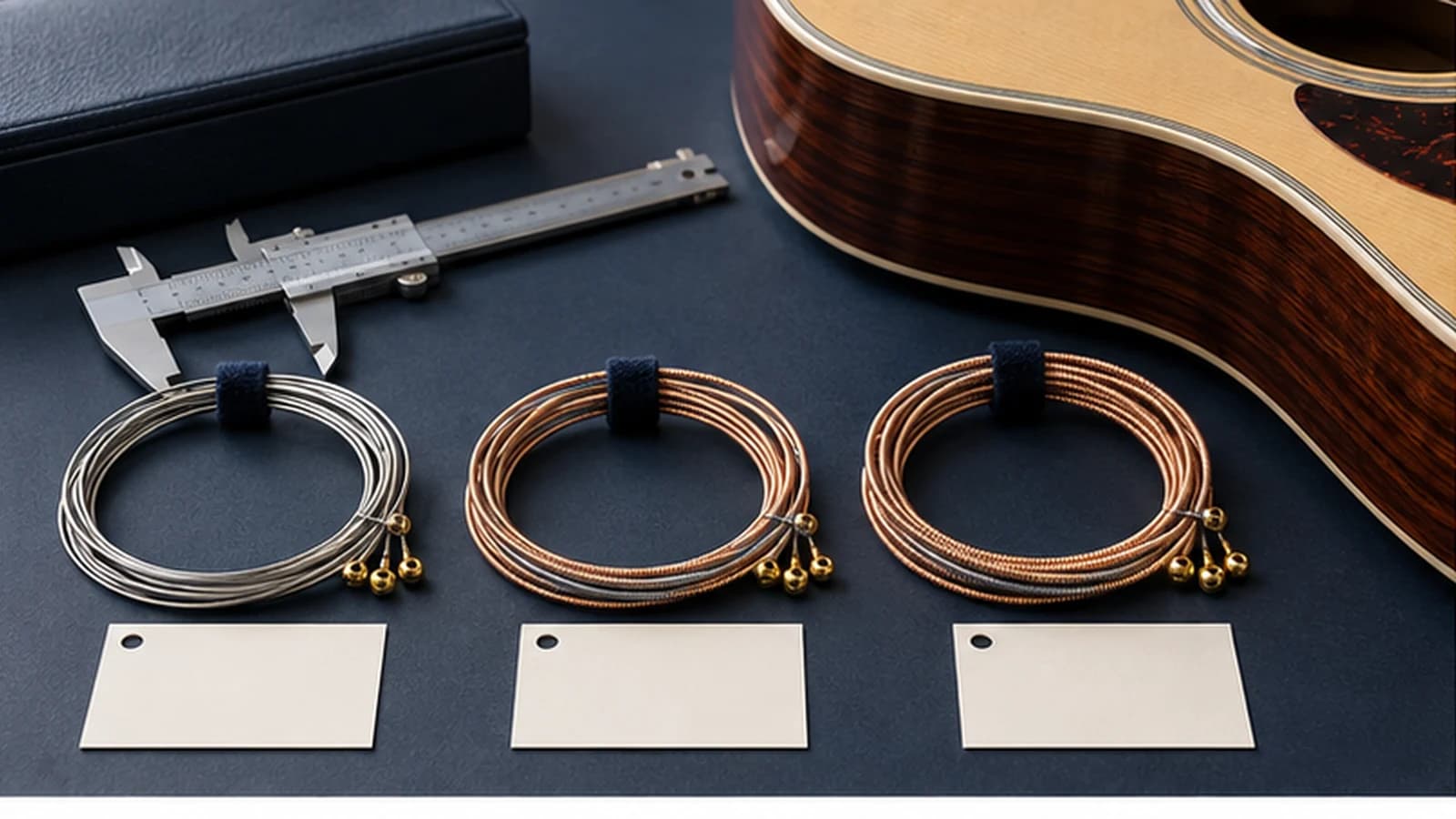 Illustrative acoustic-guitar sampling scene with anonymous coils, blank cards and an idle caliper.