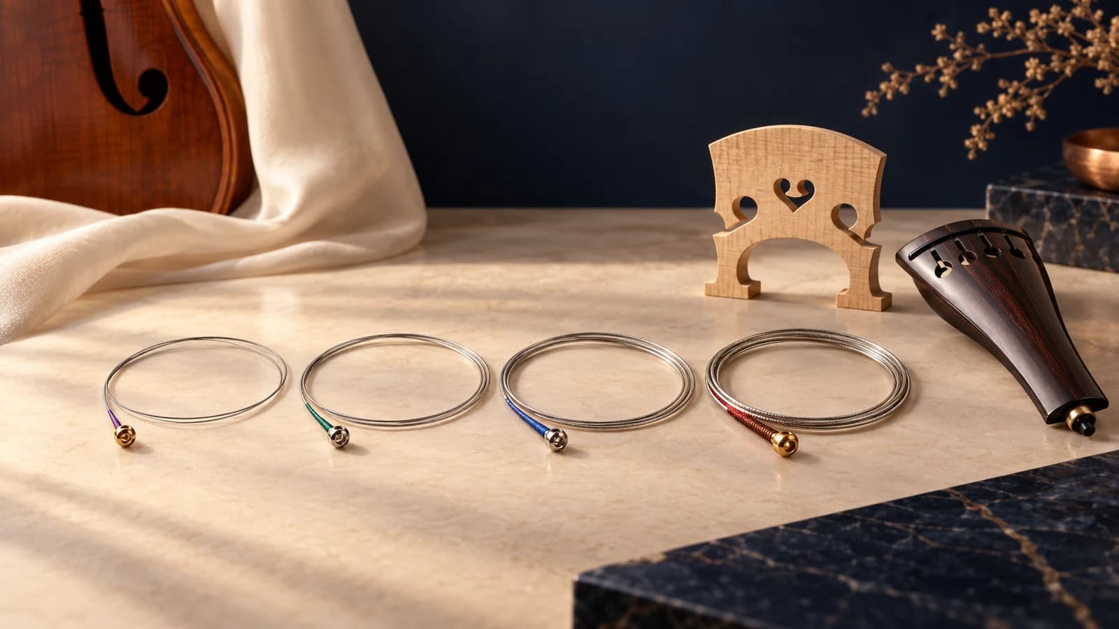 Illustrative cello strings in four coils beside uninstalled bridge and tailpiece references.