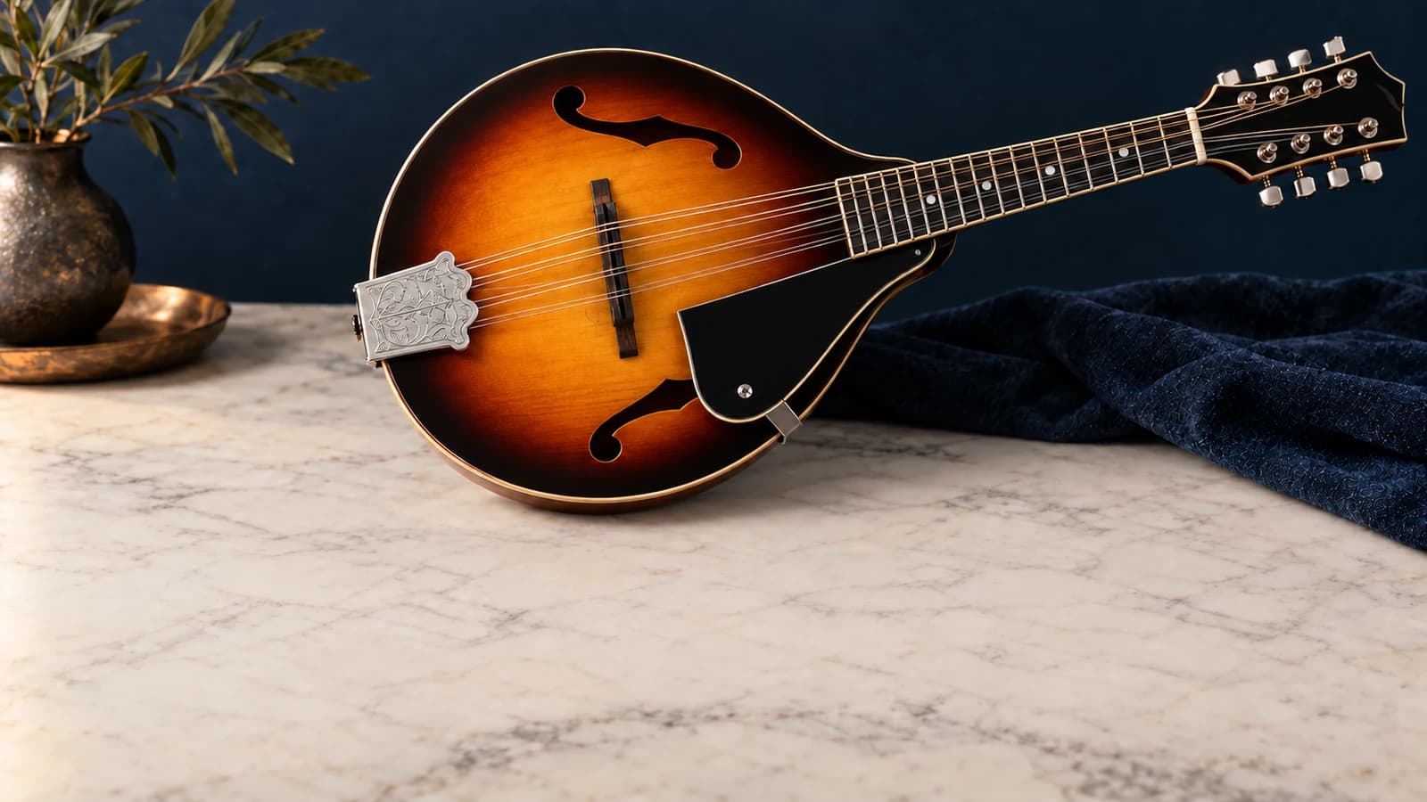 Acht Saiten in vier Chören auf einer Sunburst-Mandoline mit abgedecktem Saitenhalter