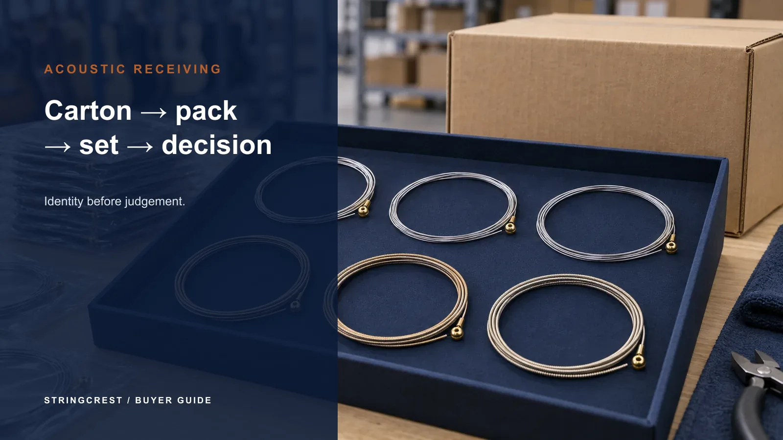 Illustrative circularly coiled metal strings in a tray beside a carton for a receiving discussion.