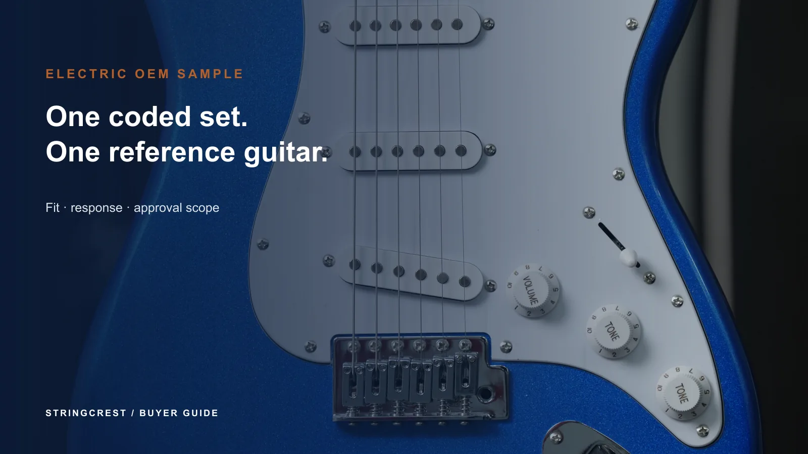 Blue electric guitar documented as the reference instrument for an OEM string sample trial