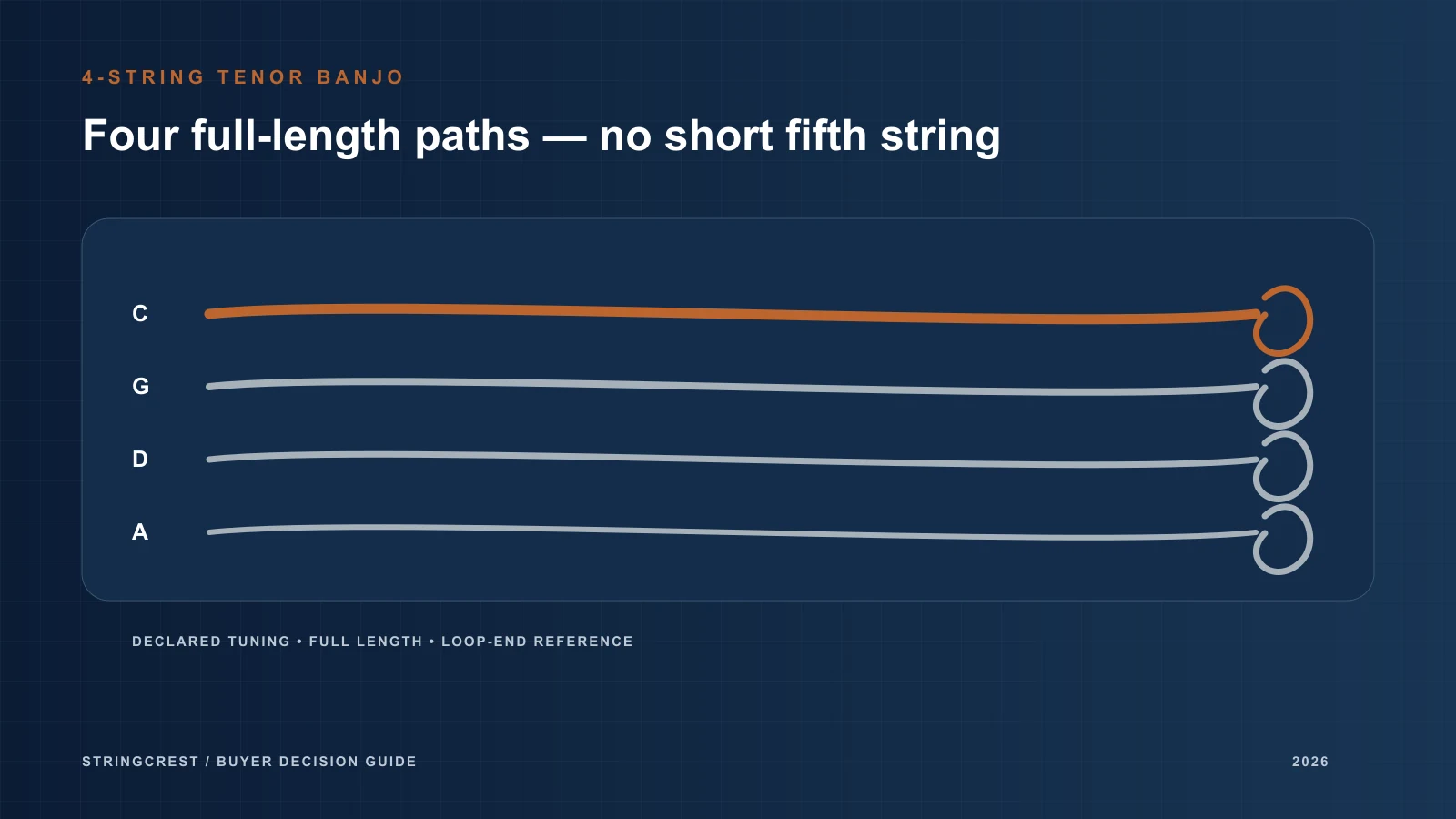 four-string tenor banjo set — four full-length string paths