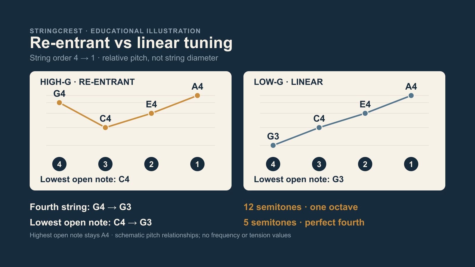 Relative pitch diagram from string 4 to 1: high-G G4 C4 E4 A4 re-enters, while low-G G3 C4 E4 A4 rises linearly; fourth string drops 12 semitones and lowest open note extends 5 semitones