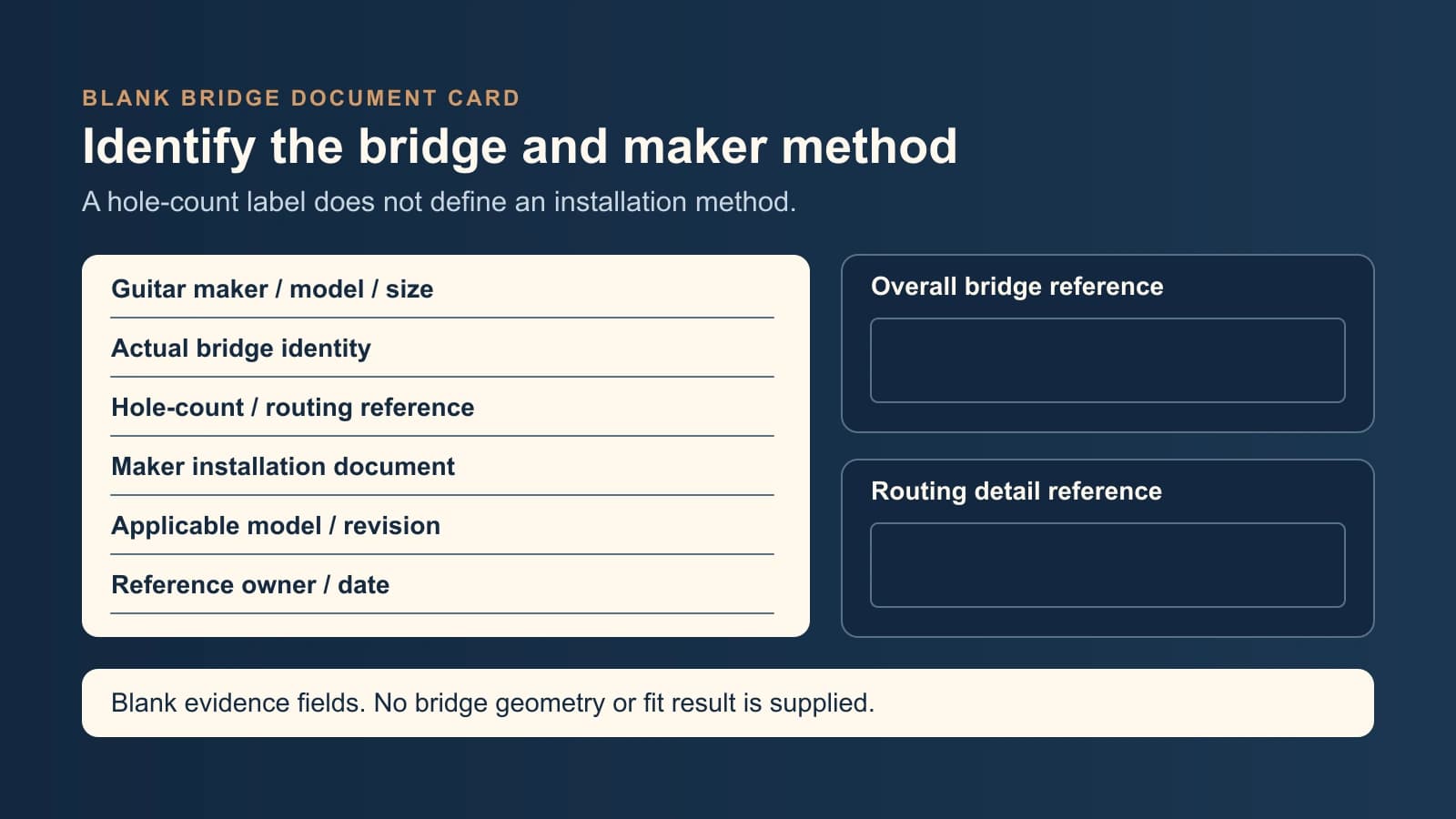 Blank classical bridge record with maker/model, hole-count reference, installation document and empty overall/detail photo-reference frames.