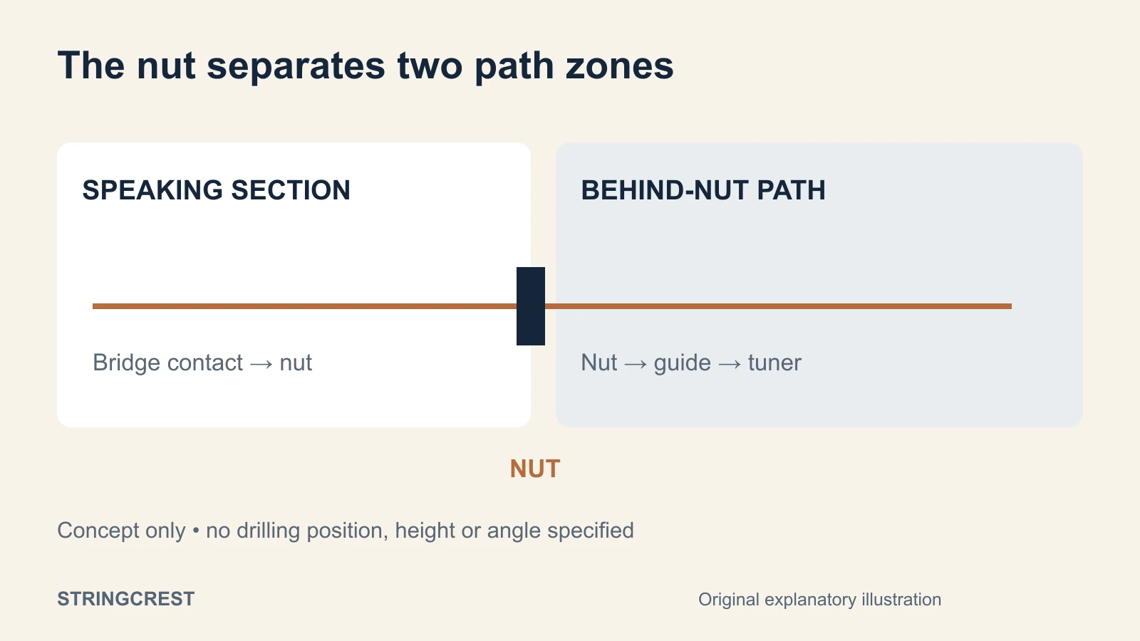 A conceptual string path separates the speaking section from the nut, headstock guide, and tuner