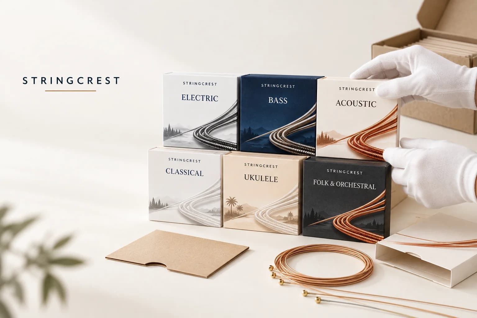 Catalog-style illustrative view of StringCrest string packaging preparation