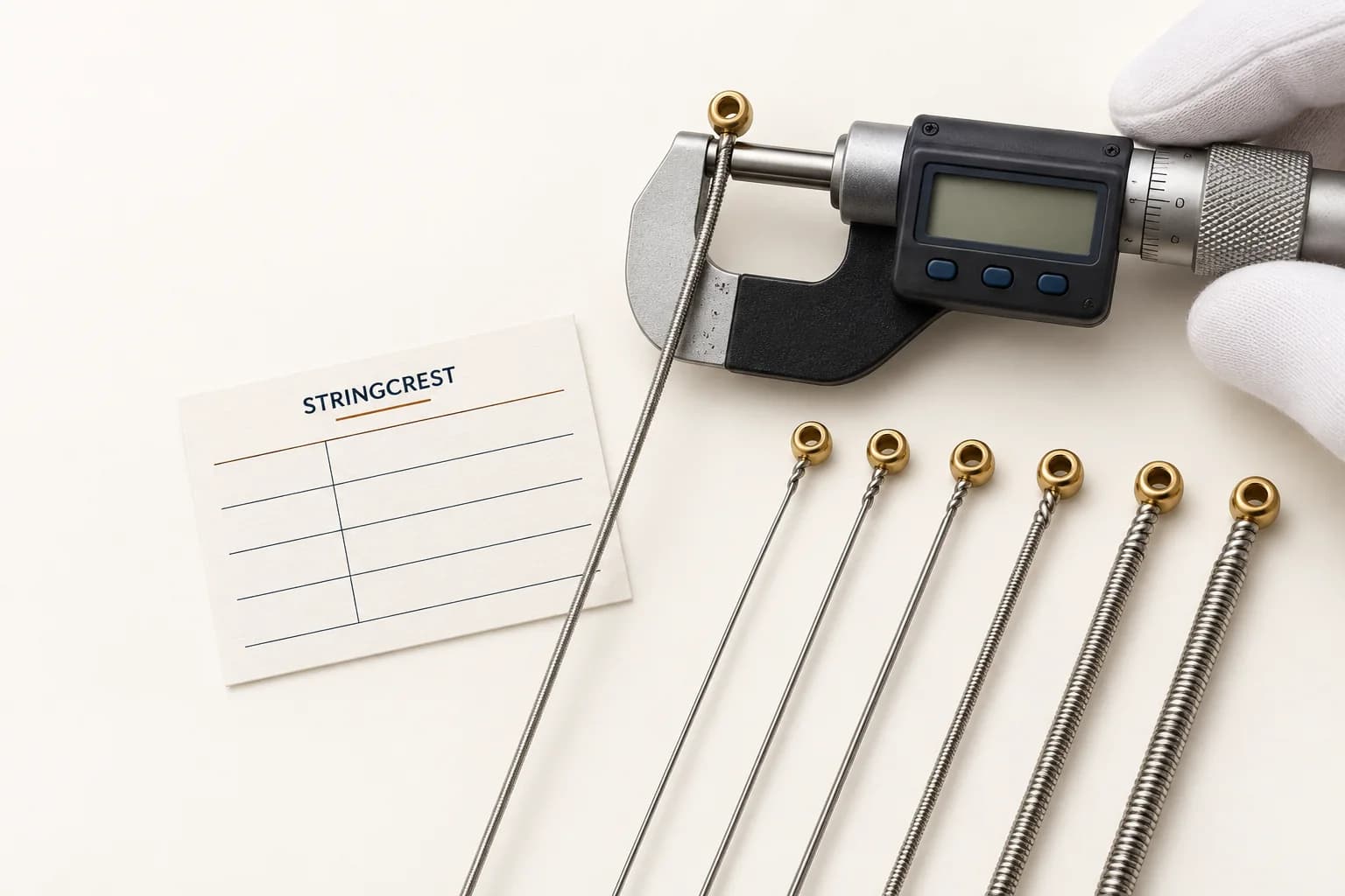 Catalog-style illustrative view of a wound guitar string measurement check