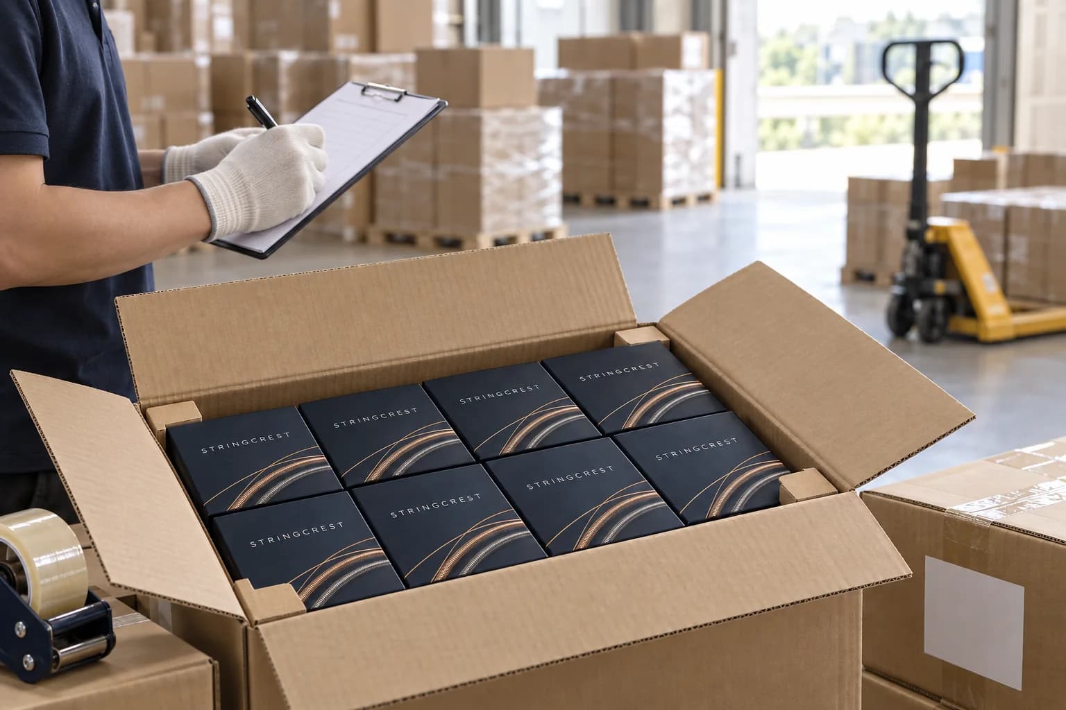 Illustrative view of instrument string cartons prepared for dispatch